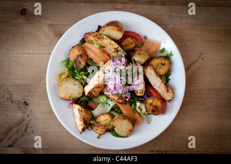 Geflügelsalat, bestehend aus Kartoffelspalten, lila Kohl Krautsalat, Frühlingszwiebeln und Karotten Stockfoto