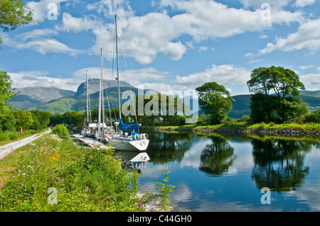 Yachten auf Caledonian Canal mit Ben Nevis im Hintergrund bei Corpach nr Fort William Highland Schottland Stockfoto