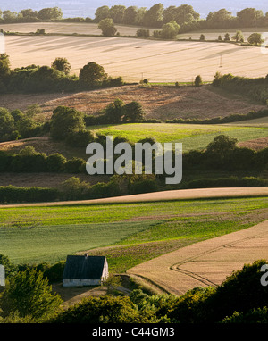 Blick vom Painswick Leuchtfeuer über Ackerland, Stroud, Gloucestershire, England Stockfoto