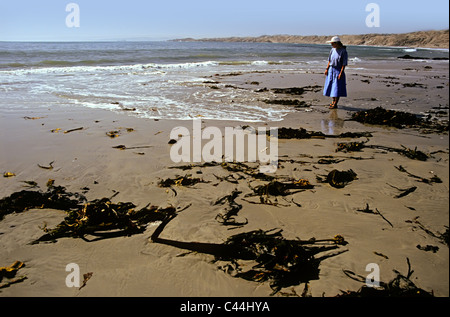 Frau im blauen Kleid am Strand Namibia auf Küstenwüste Stockfoto