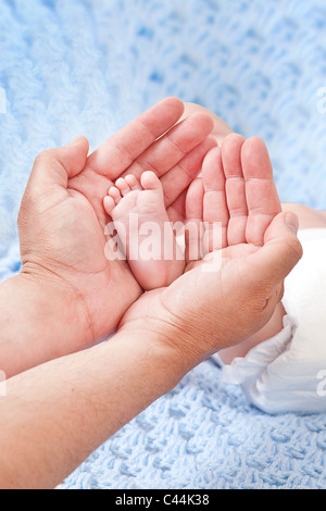 kleines Baby foot in Väter Hände Stockfoto