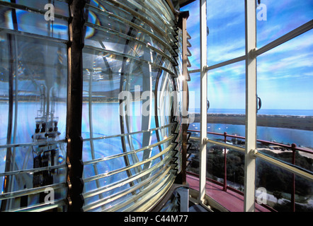 Nahaufnahme der ersten Bestellung Fresnel-Linse in der St. Augustine Lighthouse Laternenraum in St. Johns County, Florida Stockfoto