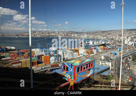 Eine Standseilbahn Ascensor Artilleria-Triebwagen klettert bis zum Paseo 21 de Mayo mit einen allgemeinen Überblick über den Hafen von Valparaiso, Chile. Stockfoto