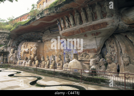 Asien, buddhistische, Schnitzereien, China, Chongqing, Cliff, Dazu, Erbe, historische, Urlaub, Wahrzeichen, Provinz, Reclining Buddha, Re Stockfoto