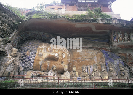 Asien, buddhistische, Schnitzereien, China, Chongqing, Cliff, Dazu, Erbe, historische, Urlaub, Wahrzeichen, Provinz, Reclining Buddha, Re Stockfoto