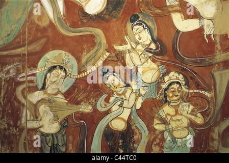 Asien, Buddhist, Höhle, Gemälde, China, Höhlenzeichnungen, Dunhuang, Gansu, Erbe, Urlaub, Wahrzeichen, Mogao Höhlen, Provinz, Reli Stockfoto