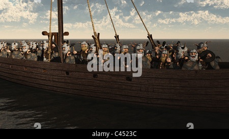 Toon-Wikinger-Langschiff und Crew Stockfoto