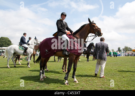 Hunter Doppel Kabelbaum huschen fahren und springen auf der großen Bühne des jeweiligen Surrey show 2011. Stockfoto