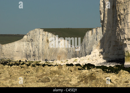 Mit Blick auf den Seven Sisters Klippen vom Strand in der Nähe von Birling Gap in den South Downs National Park. Stockfoto