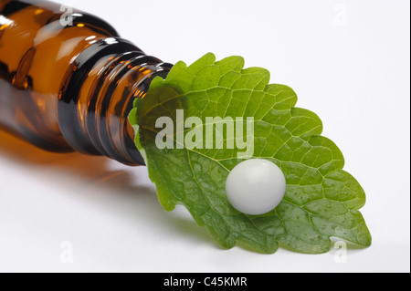 Pille auf grünes Blatt aus der Flasche als Symbol für alternative pflanzliche homöopathische Medizin Stockfoto