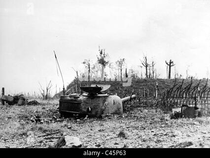 Abgeschossener Amerikaner / tank "Sherman" an der Westfront 1944 Stockfoto