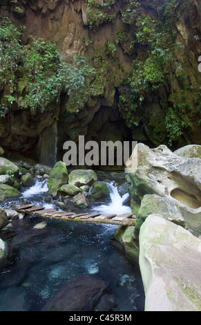 Eine rustikale Brücke über eine Kaskade an Puente de Dios in der Sierra Gorda Bergen, in der Nähe von Pinal de Amoles, Queretaro, Mexiko Stockfoto