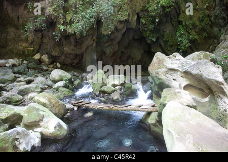 Eine rustikale Brücke über eine Kaskade an Puente de Dios in der Sierra Gorda Bergen, in der Nähe von Pinal de Amoles, Queretaro, Mexiko Stockfoto