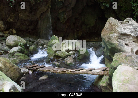 Eine rustikale Brücke über eine Kaskade an Puente de Dios in der Sierra Gorda Bergen, in der Nähe von Pinal de Amoles, Queretaro, Mexiko Stockfoto