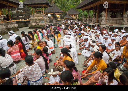 Ein Hindu Publikum verehrt zu PURA TIRTA EMPUL TEMPELKOMPLEX während der GALUNGAN FESTIVAL - TAMPAKSIRING, BALI, Indonesien Stockfoto