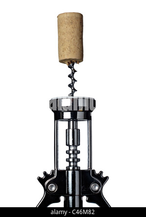 Nahaufnahme von einem Flaschenöffner und einem Korken Stockfoto