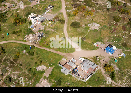 Aeria Blick auf einer informellen Siedlung in der Nähe von Duynefontein an der Westküste in der Nähe von Duynefontein nördlich von Kapstadt in Südafrika. Stockfoto