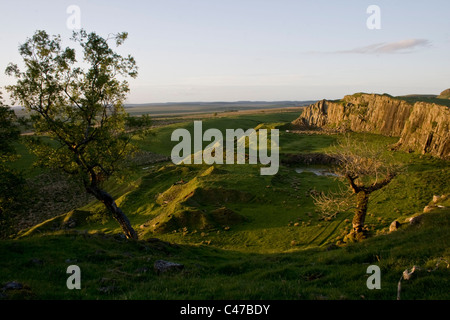 Abendsonne auf Hadrian Wall auf Walltown Klippen, Northumberland Stockfoto