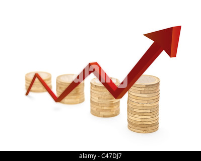 Roter Pfeil und Münzen Wachstumskurve Stockfoto