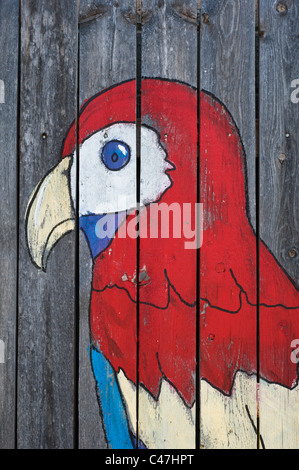 Bunte Papagei gemalt auf alten Holzzaun in Roswell, New Mexico. Stockfoto