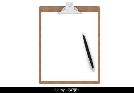 Zwischenablage mit leerem Papier und Stift, isoliert auf weiss Stockfoto