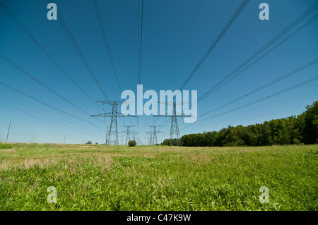 Eine lange Reihe von der elektrischen Übertragung Türme mit Hochspannungsleitungen. Stockfoto