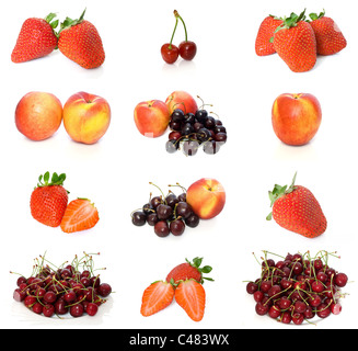 Sammlung von Pfirsichen, Erdbeeren und Kirschen isoliert auf weißem Hintergrund Stockfoto