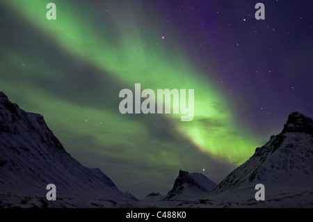 Nordlicht, Aurora Borealis, schlug Berggipfeln, Abenddaemmerung, Norrbotten, Lappland, Schweden Stockfoto