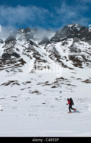 Skitourengeher Im Tal Stuor Reaiddavaggi, Kebnekaisefjaell, Norrbotten, Lappland, Schweden Stockfoto