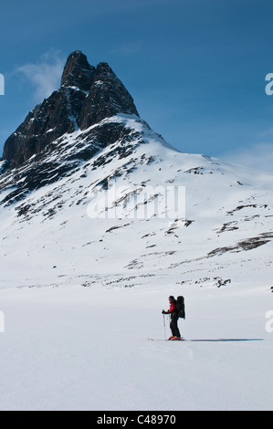 Skitourengeher, Tal Stuor Reaiddavaggi, Berg Nallo, Kebnekaisefjaell, Norrbotten, Lappland, Schweden Stockfoto