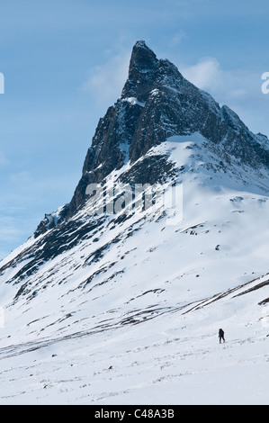 Skitourengeher, Tal Stuor Reaiddavaggi, Berg Nallo, Kebnekaisefjaell, Norrbotten, Lappland, Schweden Stockfoto