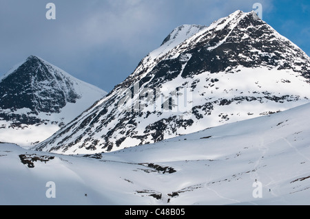 Skifahrer Mit Rucksaecken Im Tal Stuor Reaiddavaggi, Kebnekaisefjaell, Norrbotten, Lappland, Schweden Stockfoto