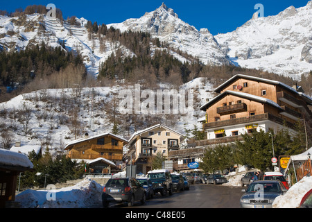 Mont-Blanc-Massiv. La Palud Courmayeur. Aosta Valley.Valle d ' Aosta. Italien. Winter. Stockfoto