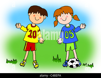 Spaß jungen und Mädchen cartoon Umriss spielen Fußball oder Fußball in ihrer Team-Uniform (Großformat). Stockfoto