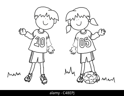 Spaß jungen und Mädchen cartoon Umriss spielen Fußball oder Fußball in ihrer Team-Uniform (Großformat). Stockfoto