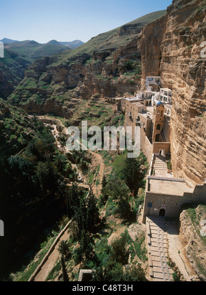 Luftaufnahme des Saint George Monastery im Wadi Kelt Stockfoto