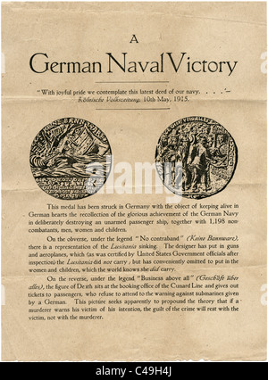 Flyer begleitenden Propaganda Medaille der Untergang der Cunard-Liner Lusitania von einem deutschen U-Boot u-20-7 kann 1915 JMH4968 Stockfoto