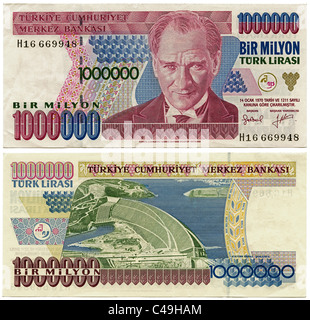 Vorder- und Rückseite Blick auf ehemalige 1.000.000 (Bir Milyon) Türke Türkische Lirasi oder 1 Million Lira Banknote ersetzt 2009 JMH4971 Stockfoto