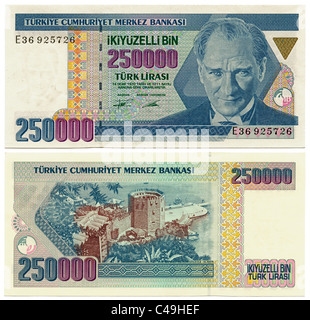 Vorder- und Rückseite 250.000 (Ikiyuzelli bin) türkische Lirasi oder zwei hundert und fünfzig tausend Lira Banknote ersetzt 2009 JMH4973 Stockfoto