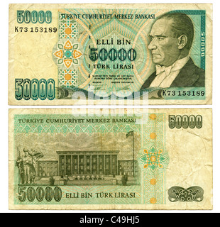 Vorder- und Rückseite 50.000 (Elli bin) türkische Lirasi oder fünfzig tausend Lira Banknote ersetzt 2009 JMH4975 Stockfoto