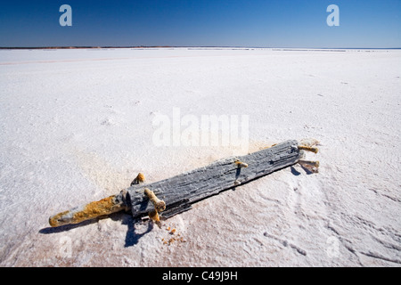 Salz-verkrusteten Wagon Holzachse, Lake Hart, Stuart Highway in der Nähe von Woomera, Outback, South Australia, Australien Stockfoto