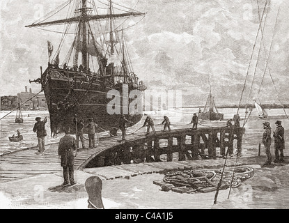 Ankunft eines Dampfers in Southampton Docks, Hampshire, England im späten 19. Jahrhundert. Stockfoto