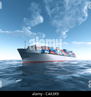 International-Containerschiff für Ladung auf See bei gutem Wetter Stockfoto