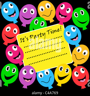Luftballons party Einladung mit glücklichen Gesichtern in verschiedenen Farben auf schwarzem Hintergrund. Platz für Text zu kopieren. Stockfoto