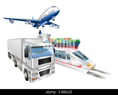 Logistik-Konzept Illustration, Flugzeug, LKW, Bahn und Fracht Containerschiff. Stockfoto