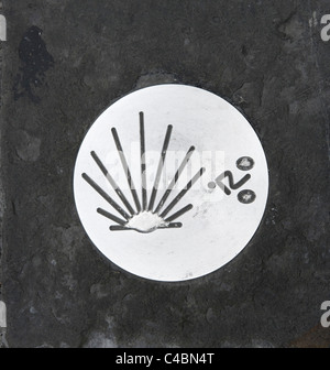 Fahrbahnbelagssymbol für den Camino de Santiago (The Way of St. James) in die historische Altstadt (Casco Viejo), Pamplona, Navarra, Spanien Stockfoto