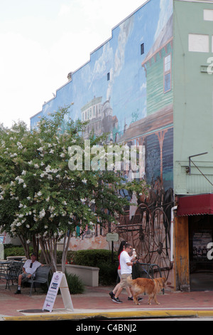 Deland Florida, Woodland Boulevard, Downtown, Wandgemälde, Mann Männer Erwachsene, Frau Frauen weibliche Dame, Paar, Hund zu Fuß, Besucher reisen auf Reisen t Stockfoto