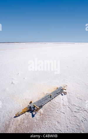 Salz-verkrusteten Wagon Holzachse, Lake Hart, Stuart Highway in der Nähe von Woomera, Outback, South Australia, Australien Stockfoto