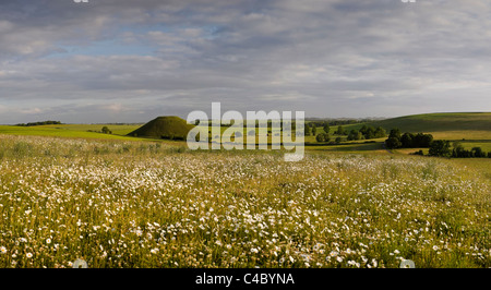 Silbury Hill, UK größten künstlichen Hügel, gesehen von West Kennet Long Barrow, Wiltshire, UK Stockfoto