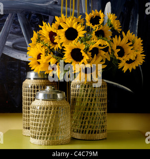 Sonnenblumen im Glas mit Flechtung Stockfoto